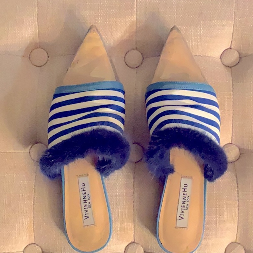 VIVIENNE HU BLUE-white mink fur trimmed shoes